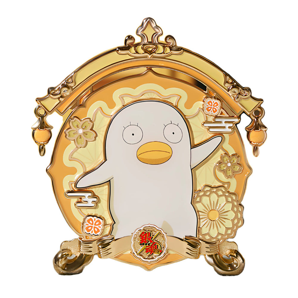 Elizabeth medal in a yellow and gold frame with hanging ornaments, cherry blossoms and a large flower