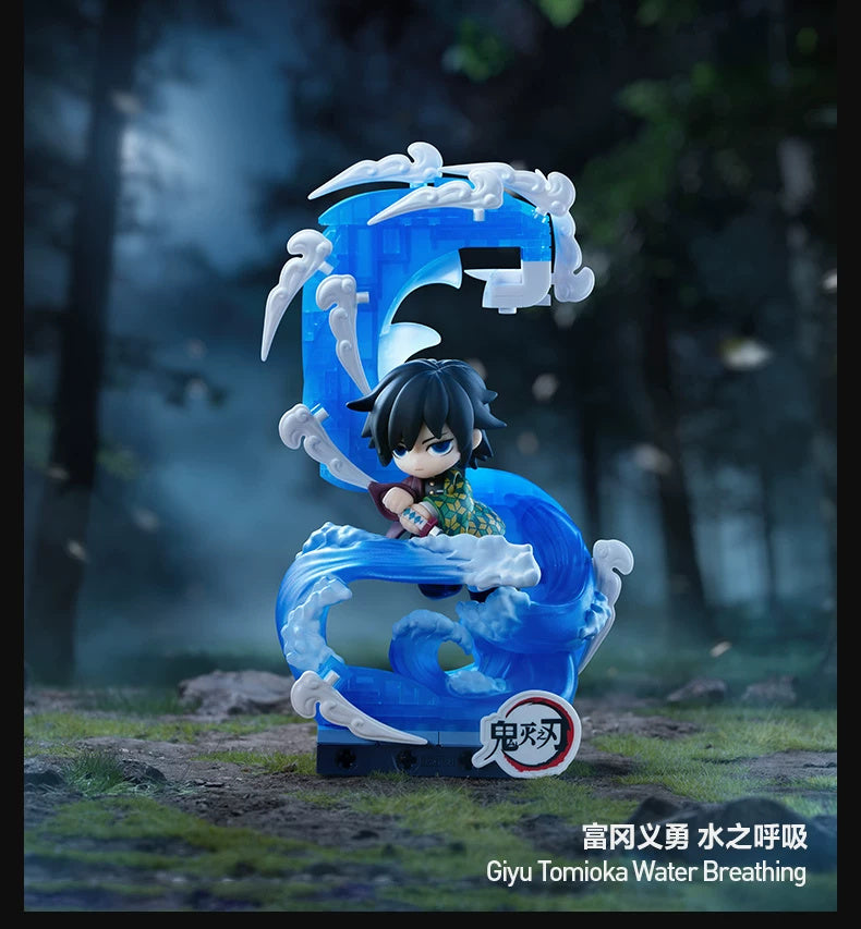 Official scene photograph: Giyu Tomioka Water Breathing block figure surrounded by curling blue waves.