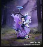 Official scene photograph: Shinobu Kocho block figure with purple butterfly effects, a butterfly-patterned haori and sword.