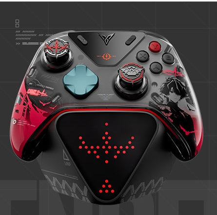 Camille Edition controller on the charging dock with a red dot display