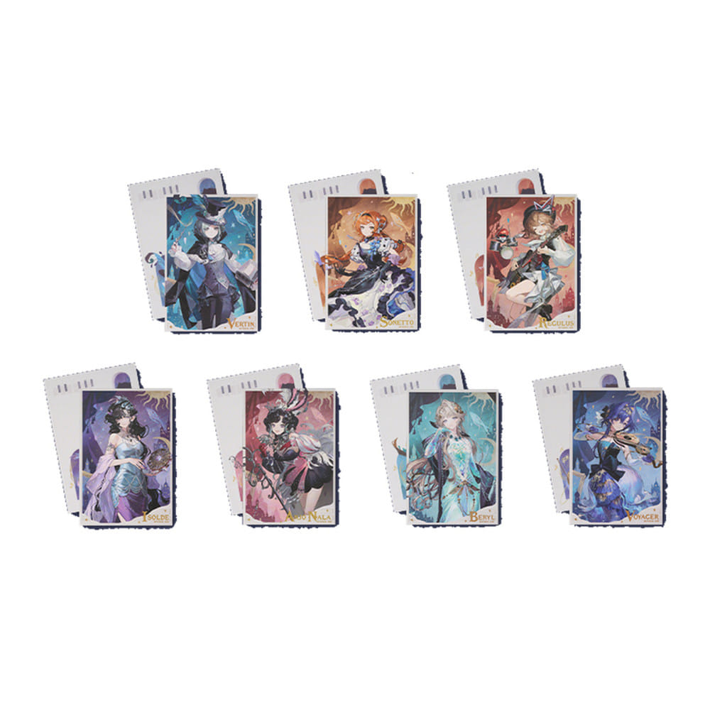 All 7 character postcards shown front and back: Vertin, Sonetto, Regulus, Isolde, Anjo Nala, Beryl and Voyager