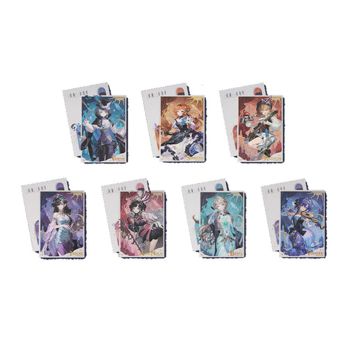 All 7 character postcards shown front and back: Vertin, Sonetto, Regulus, Isolde, Anjo Nala, Beryl and Voyager