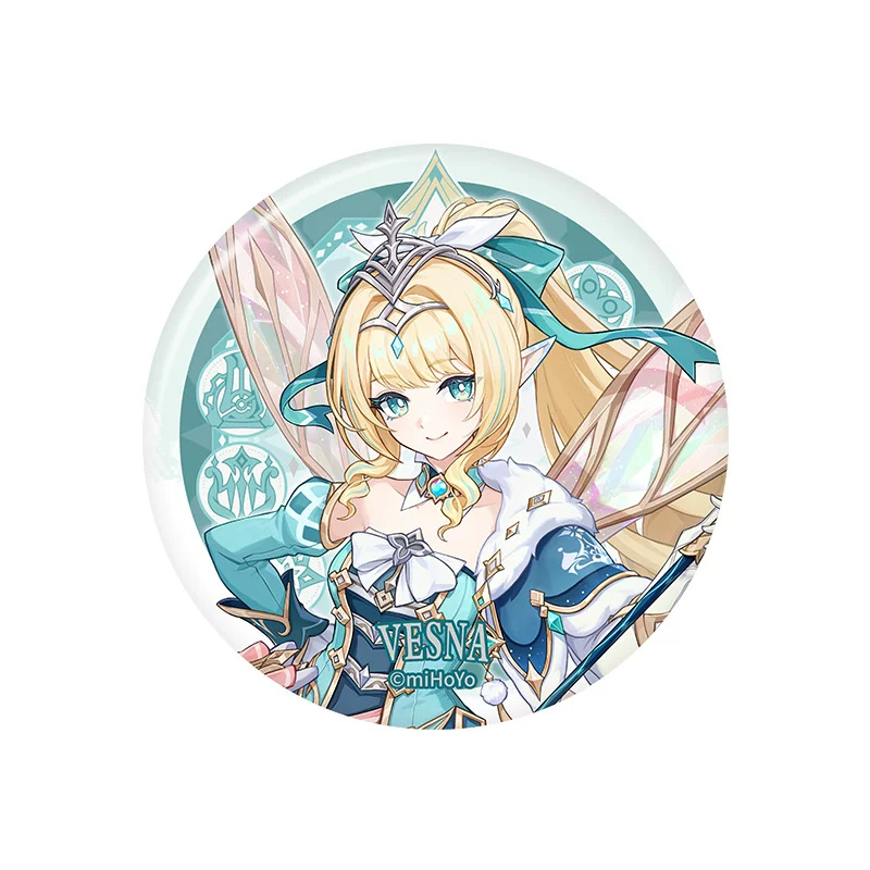 Round Vesna badge: smiling in a tiara and teal ribbon with iridescent wings and the name VESNA