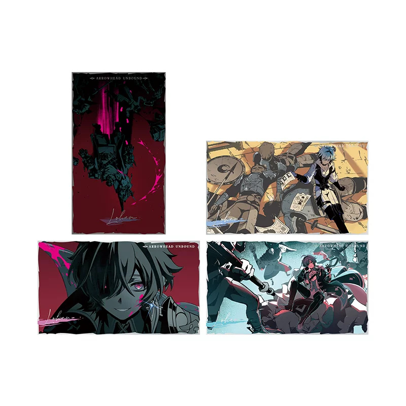 The four Lohen postcards: B (vertical, crimson), A (Lohen close-up), C (golden scene) and D (teal scene)