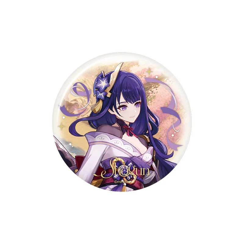 Raiden Shogun button badge: wearing a purple flower hair ornament amid purple ribbons; gold "Shogun" lettering