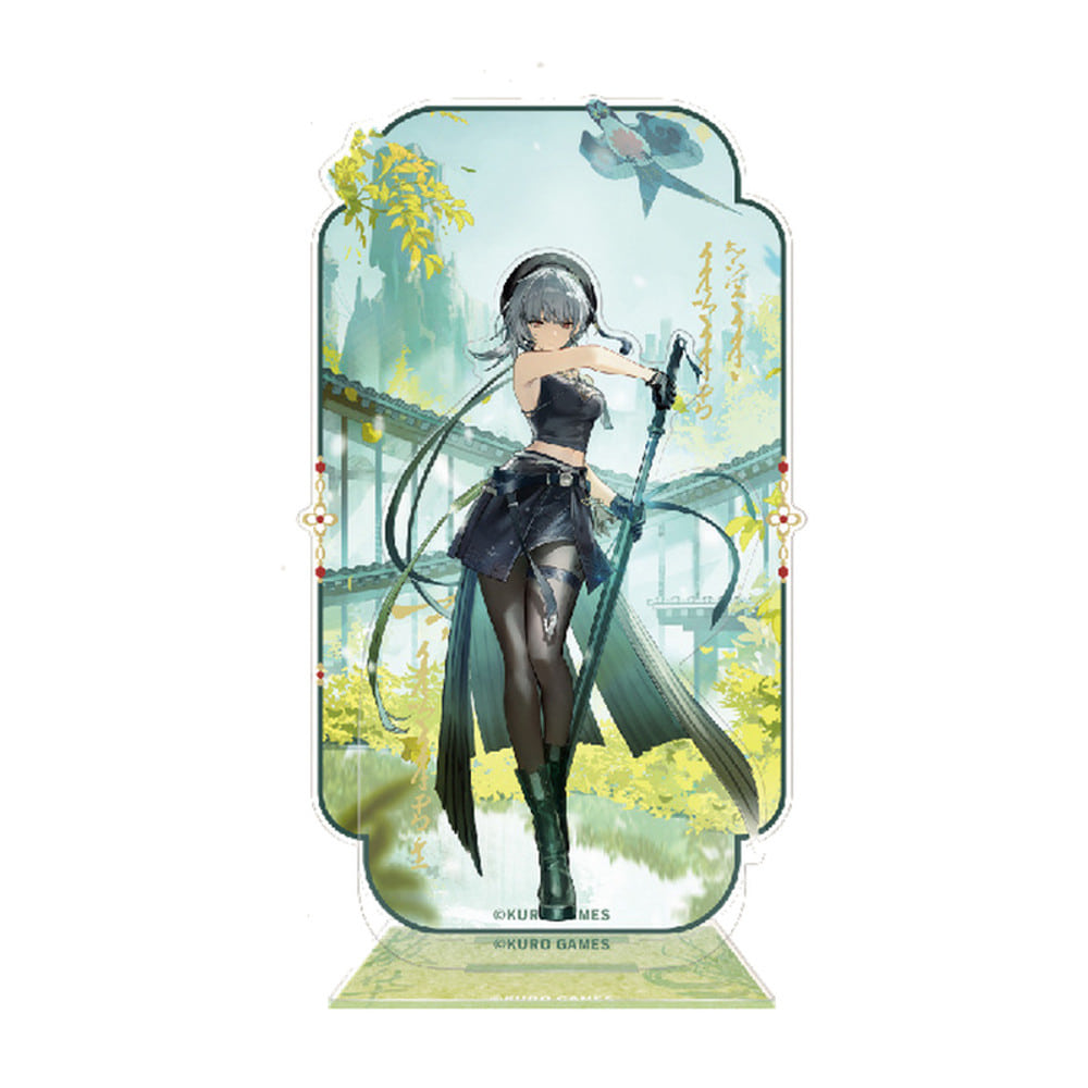 Sanhua acrylic stand: black beret and crop top, holding a long sword in a garden of yellow leaves, on a pale green base