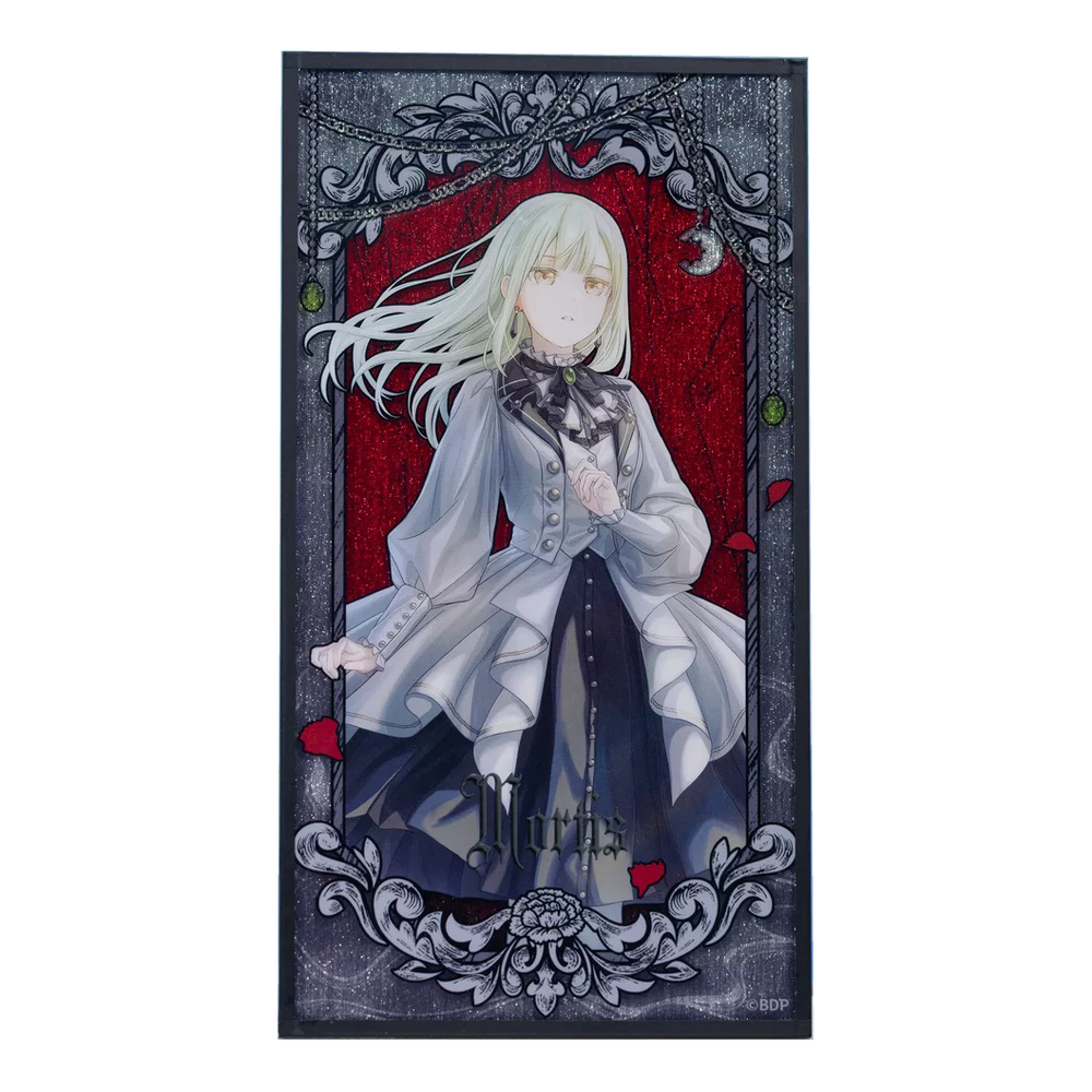 Mortis acrylic shikishi: Mortis with pale green hair, one hand at her chest, in a gothic frame on glittering red