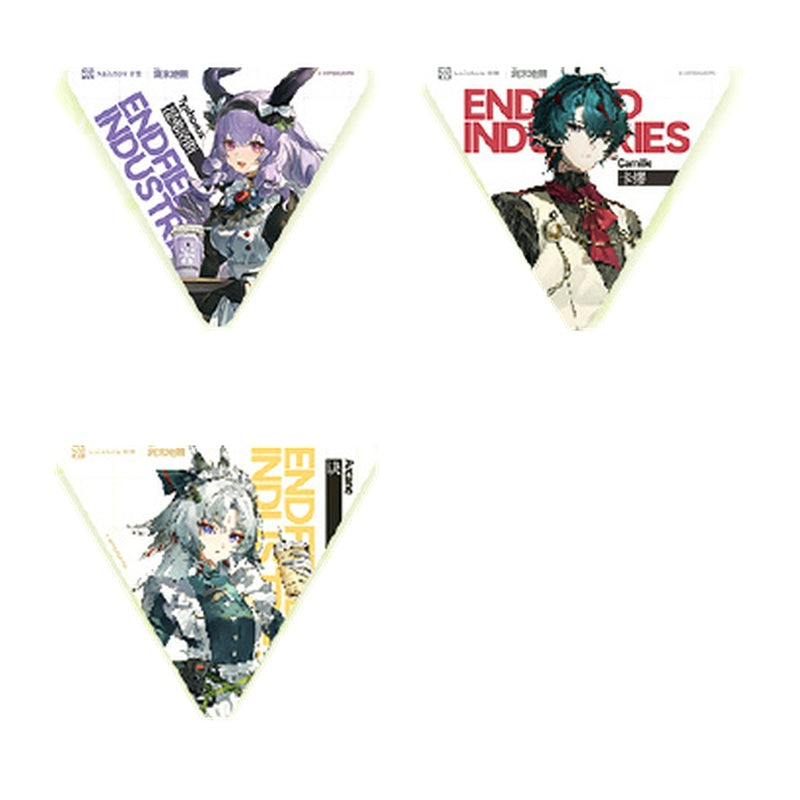 Triangle badges of Typhoeus, Camille and Arcane with ENDFIELD INDUSTRIES lettering
