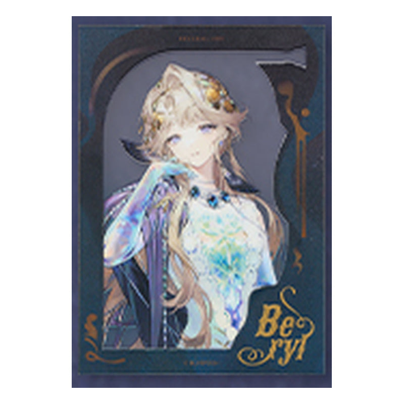 Beryl film shikishi design with a gold hair ornament and a blue gem necklace, in a teal frame