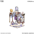Mornye Wuthering Waves acrylic stand. Mornye sits with an open book beside a gramophone, tea setting and stacks of books.