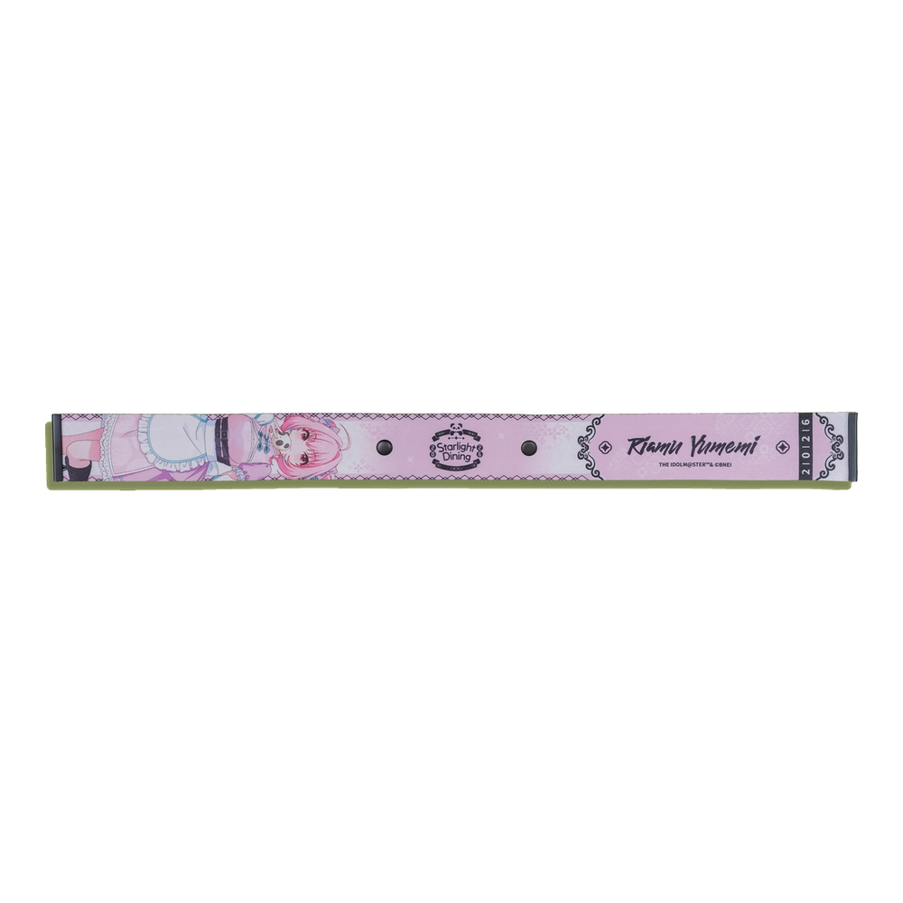 Riamu Yumemi Starlight Dining ribbon strap, front: illustration, event logo, name and two snap buttons