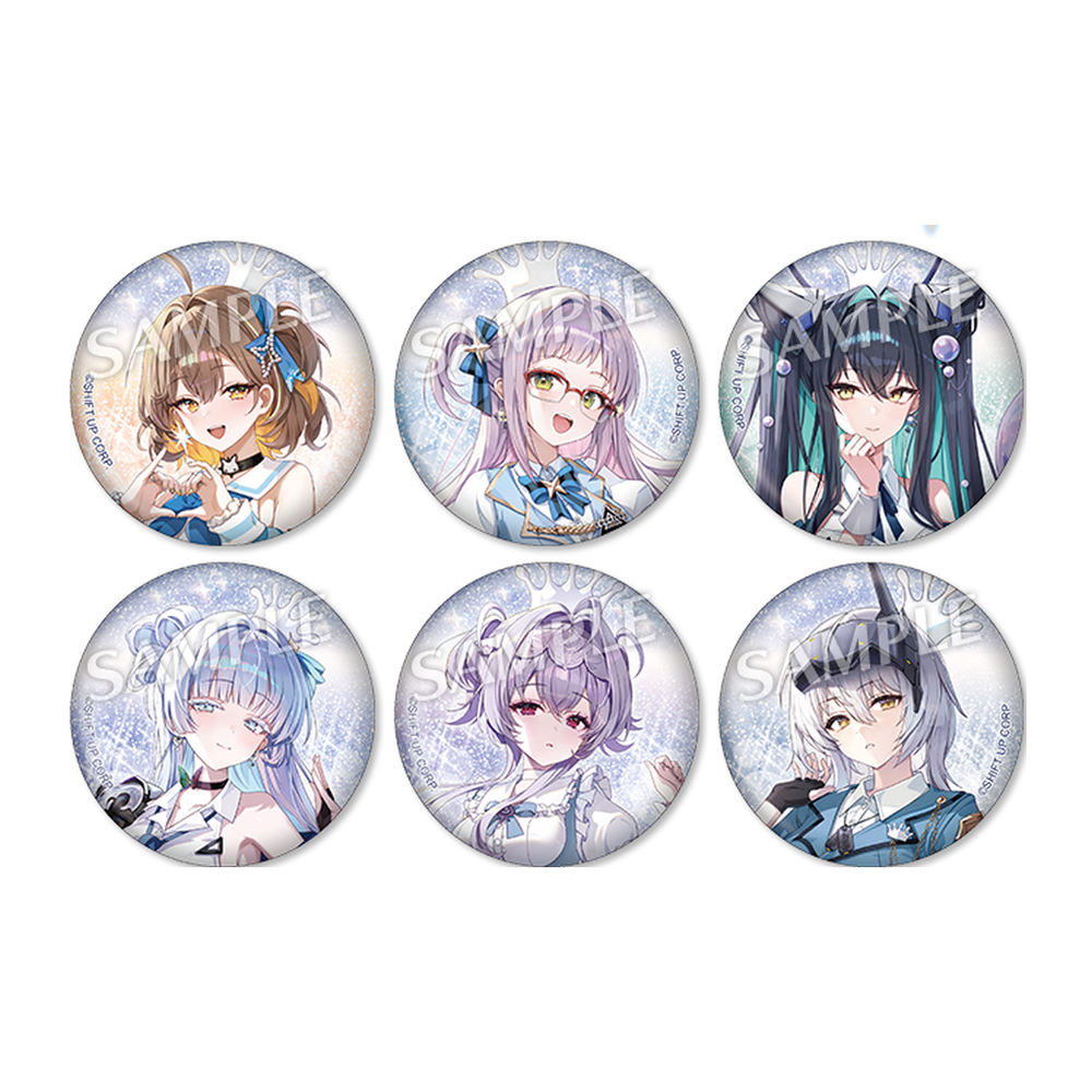 GODDESS OF VICTORY: NIKKE The Lawson collaboration portraits sit against glitter backgrounds on these round button badges. — view 1