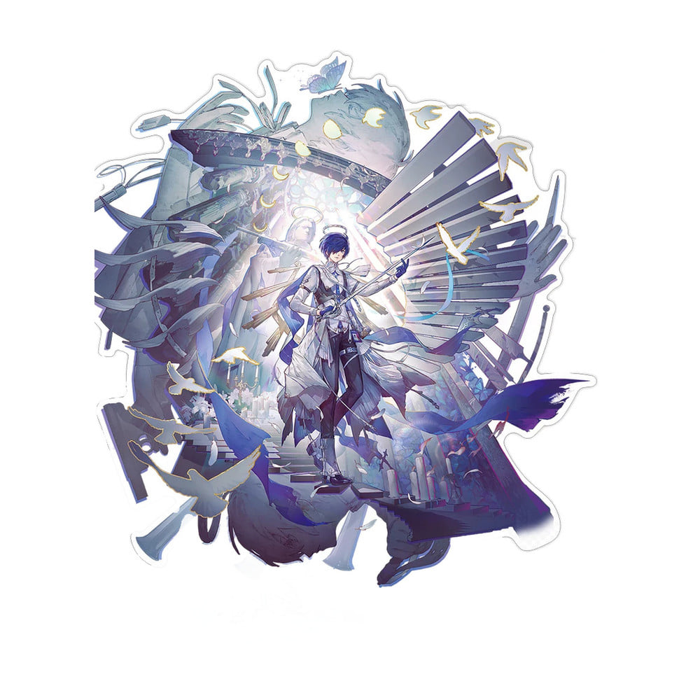 Makoto Yuki acrylic stand depicting an elaborate blue-and-silver composition with angular shapes