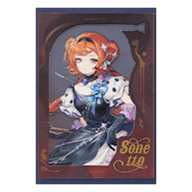 Sonetto film shikishi design with a blue bow and polka-dot sleeves, in a dark red frame
