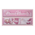 Both sides of the Rinami Himesaki muffler towel: pink name side and full-length lolita-outfit illustration