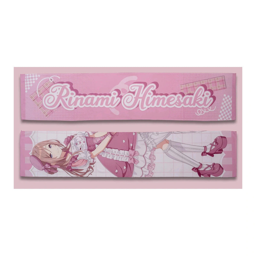 Both sides of the Rinami Himesaki muffler towel: pink name side and full-length lolita-outfit illustration