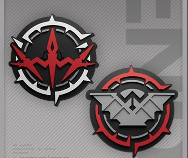 Two stick covers with red, white and grey Camille-themed emblems