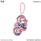 Denia Wuthering Waves chibi acrylic stand & badge set. A chibi acrylic piece with a coloured ball chain is paired with a round badge in the same character design.