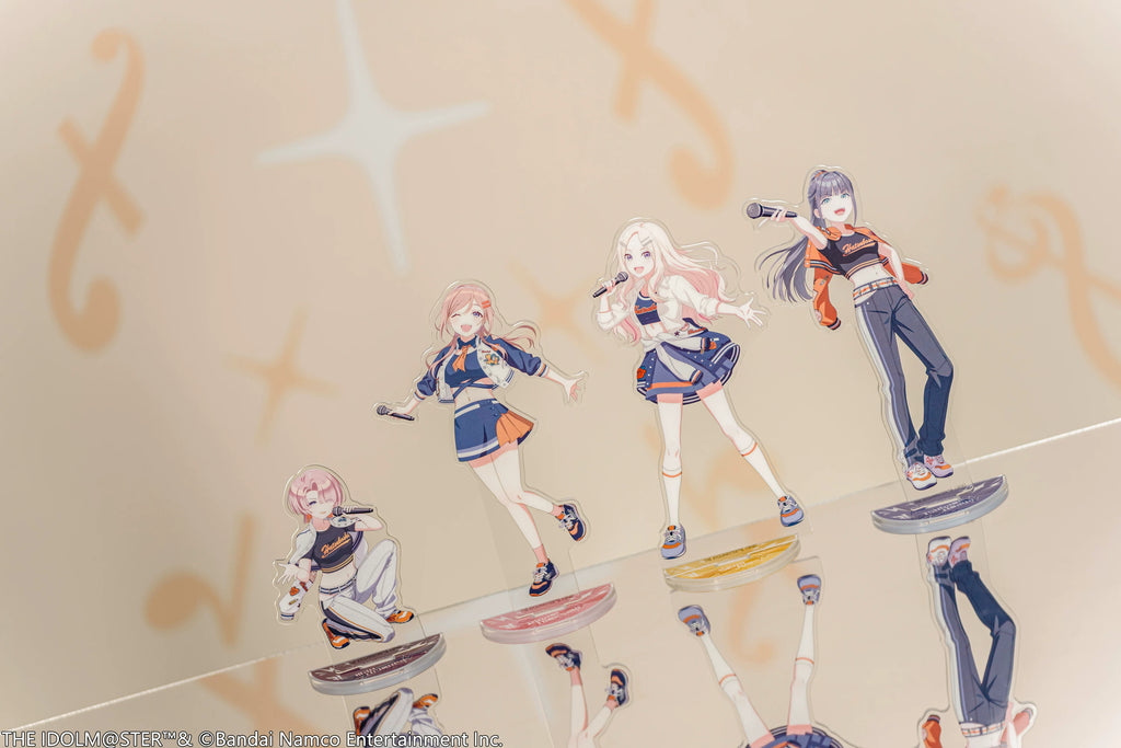 Angled photo of assembled stands on a mirror; Sena Juo is second from right