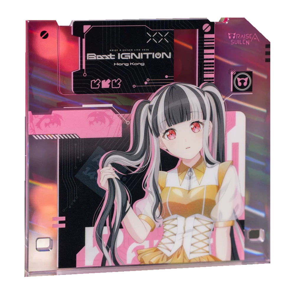 Floppy-disk-shaped PAREO acrylic coaster in pink, printed with PAREO and the Boot IGNITION Hong Kong logo