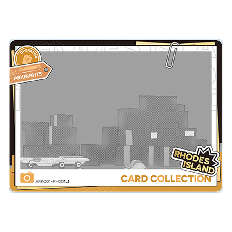 R-001 sample card in landscape format: a grey warehouse scene in a CARD COLLECTION frame