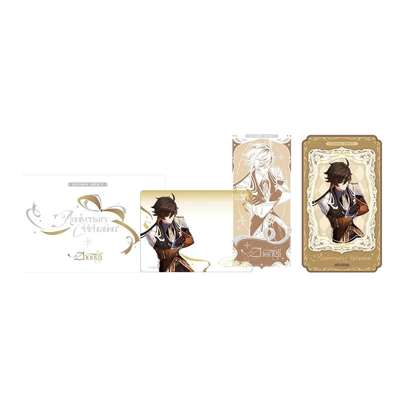 Zhongli ticket card set in golden brown: envelope with name, photo card, line-art ticket and framed commemorative card