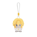Chuyuanren plush keychain: a seated blond figure in a white robe with a gold emblem, on a white cord loop
