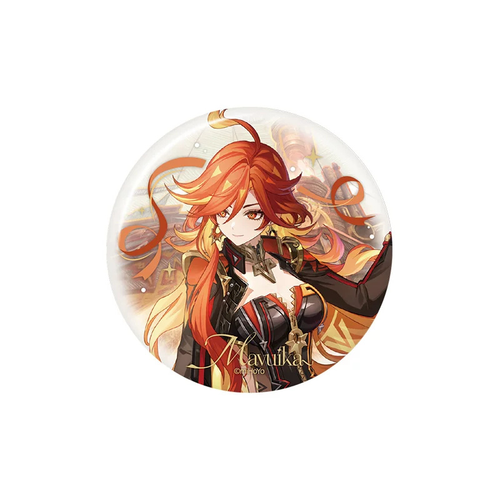 Mavuika button badge: red-orange hair flowing amid orange ribbons; gold "Mavuika" lettering