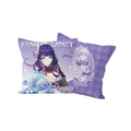 Raiden Shogun cushion cover, front and back: Raiden Shogun with blue-violet flowers; line portrait on a purple check