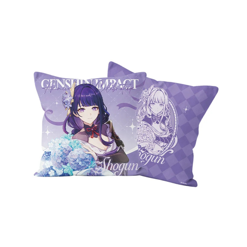 Raiden Shogun cushion cover, front and back: Raiden Shogun with blue-violet flowers; line portrait on a purple check