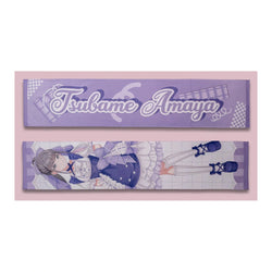 Both sides of the Tsubame Amaya muffler towel: lavender name side and full-length lolita-outfit illustration