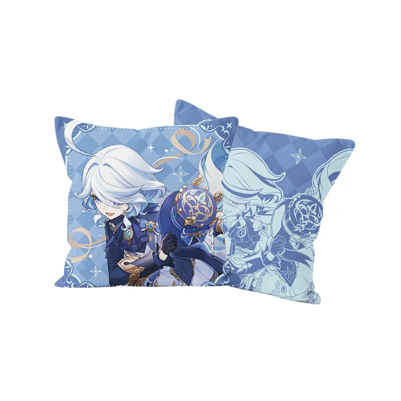 Furina filled cushion front and line-art back: Furina holding her top hat on blue diamond checks