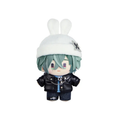 Lohen plush doll in a white bunny-ear knit hat, a black jacket with a chain, a light-blue top and dark trousers