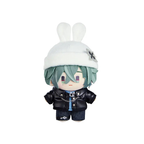 Lohen plush doll in a white bunny-ear knit hat, a black jacket with a chain, a light-blue top and dark trousers