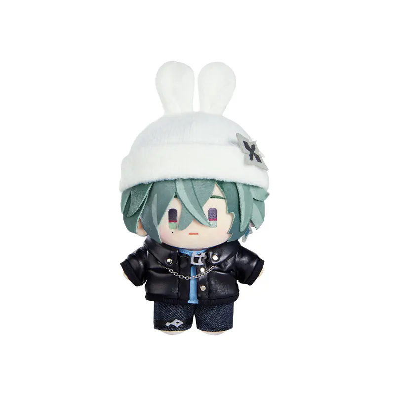 Lohen plush doll in a white bunny-ear knit hat, a black jacket with a chain, a light-blue top and dark trousers