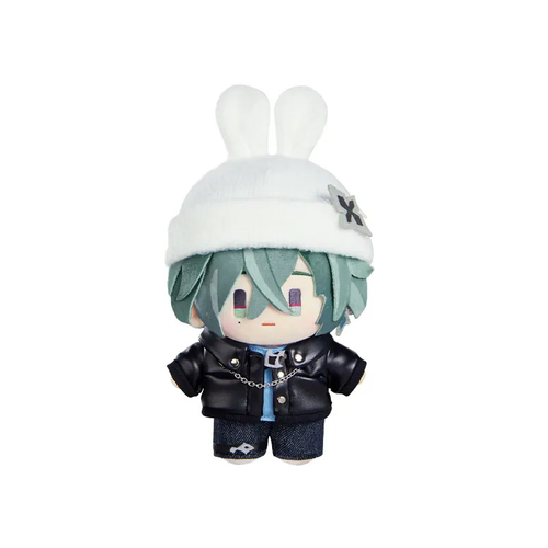 Lohen plush doll in a white bunny-ear knit hat, a black jacket with a chain, a light-blue top and dark trousers