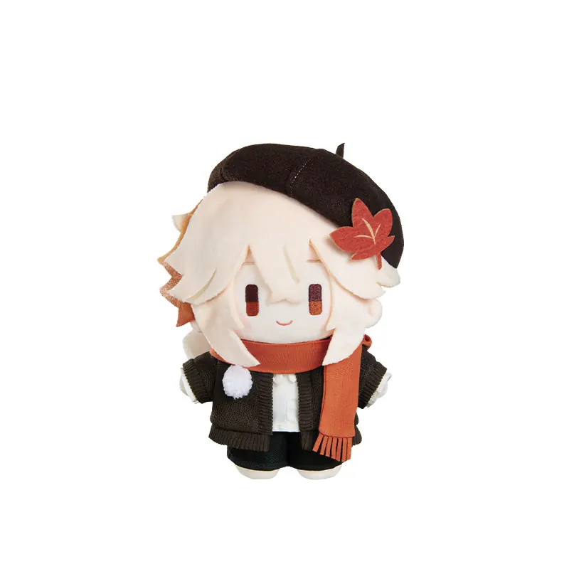 Kaedehara Kazuha plush doll in a dark beret with a red maple leaf, an orange scarf and a dark knit coat
