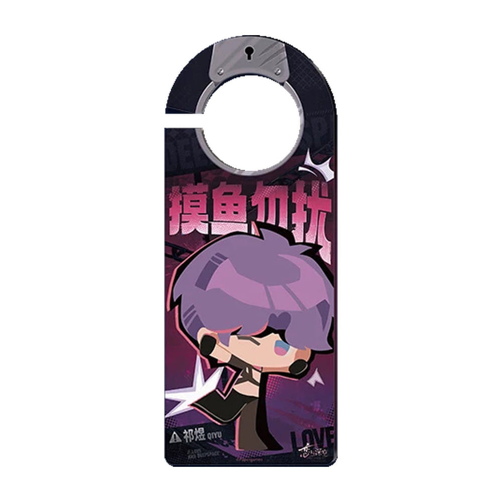 Dark acrylic door hanger with chibi Rafayel, pink lettering and a circular cutout