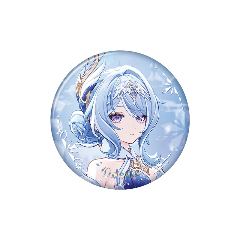 Round Odette badge: a close-up with pale-blue hair and a tiara on a snowflake background, with her name in script