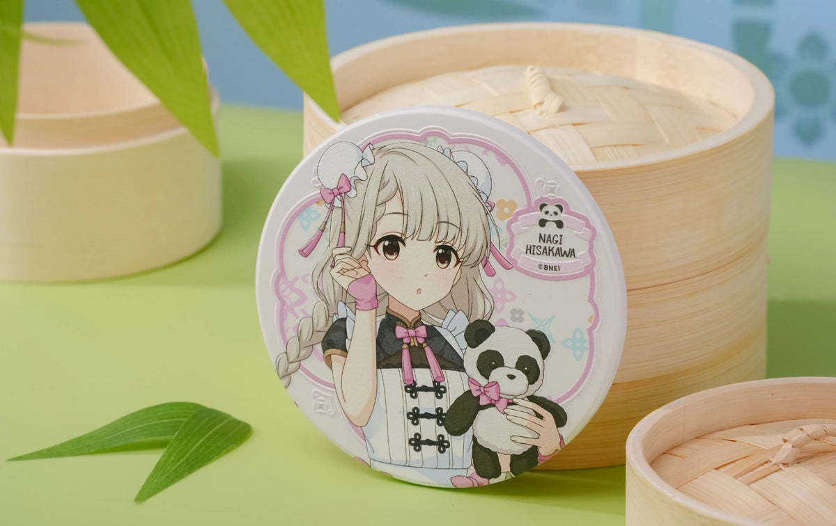 Nagi Hisakawa coaster leaning against bamboo steamers (props not included)
