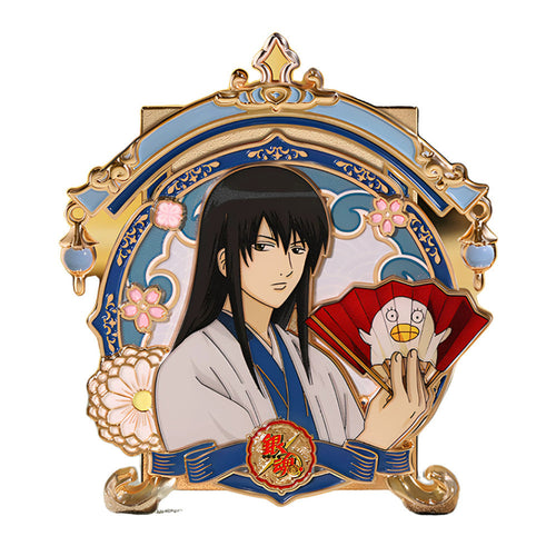 Kotaro Katsura medal holding a red fan with Elizabeth, in a blue and gold frame with hanging bead ornaments