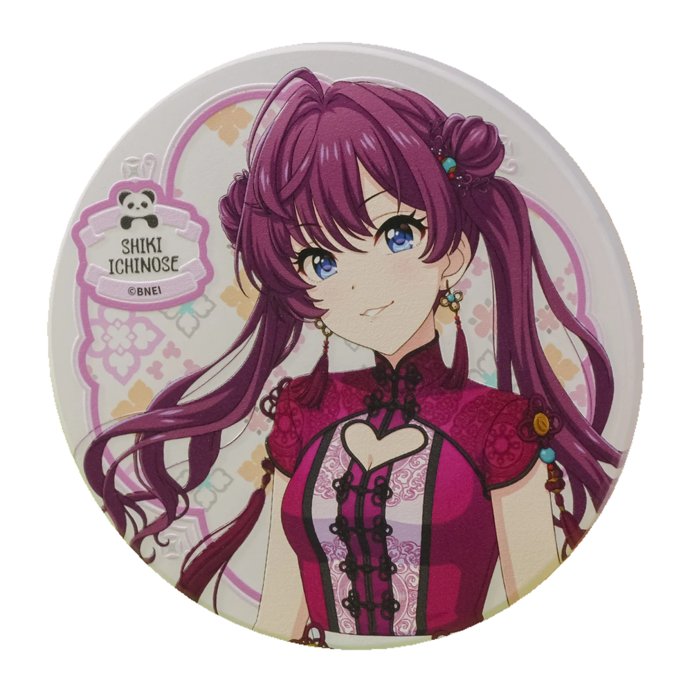 Round coaster: Shiki Ichinose in a Chinese-style maid outfit, smiling, with long twin tails