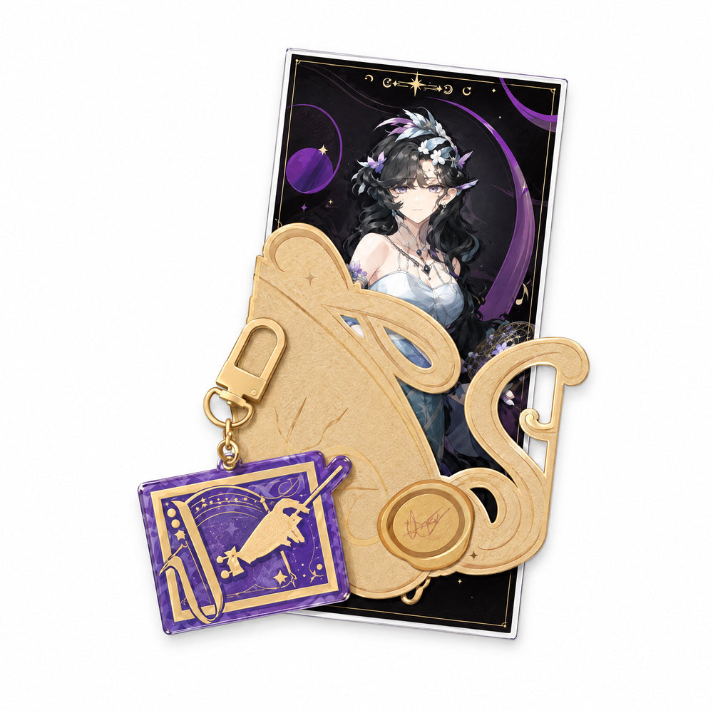 Isolde ticket with a gold decorative cover and wax-seal motif, plus a purple acrylic keychain
