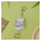 Acrylic keychain: chibi Hayate Hisakawa on a bowl-shaped base, winking beside a panda; star clasp and logo charm