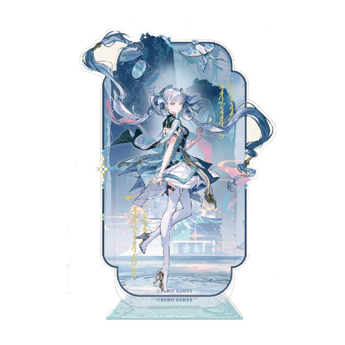 Jinhsi acrylic stand: long twin tails and a white and teal outfit, poised on one foot against a misty blue backdrop, on a pale aqua base