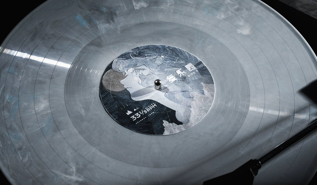 Side A label on the marbled polar grey vinyl record