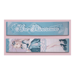 Both sides of the Hiro Shinosawa muffler towel: teal name side and full-length lolita-outfit illustration