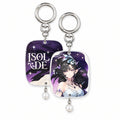 Isolde acrylic keychain, front and back: Isolde with a floral headpiece on the front and her name in lettering on the back