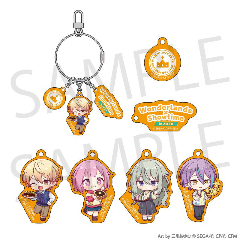 The six Wonderlands×Showtime acrylic charm parts and a wire-ring assembly example.