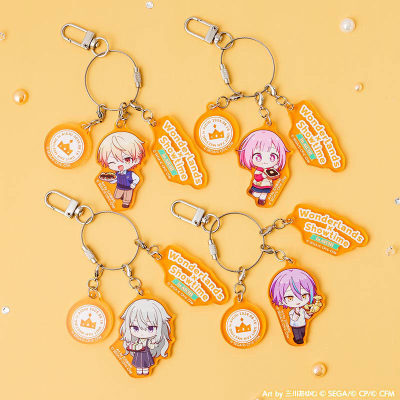 Wonderlands×Showtime acrylic charm assembly examples for the six-piece set.